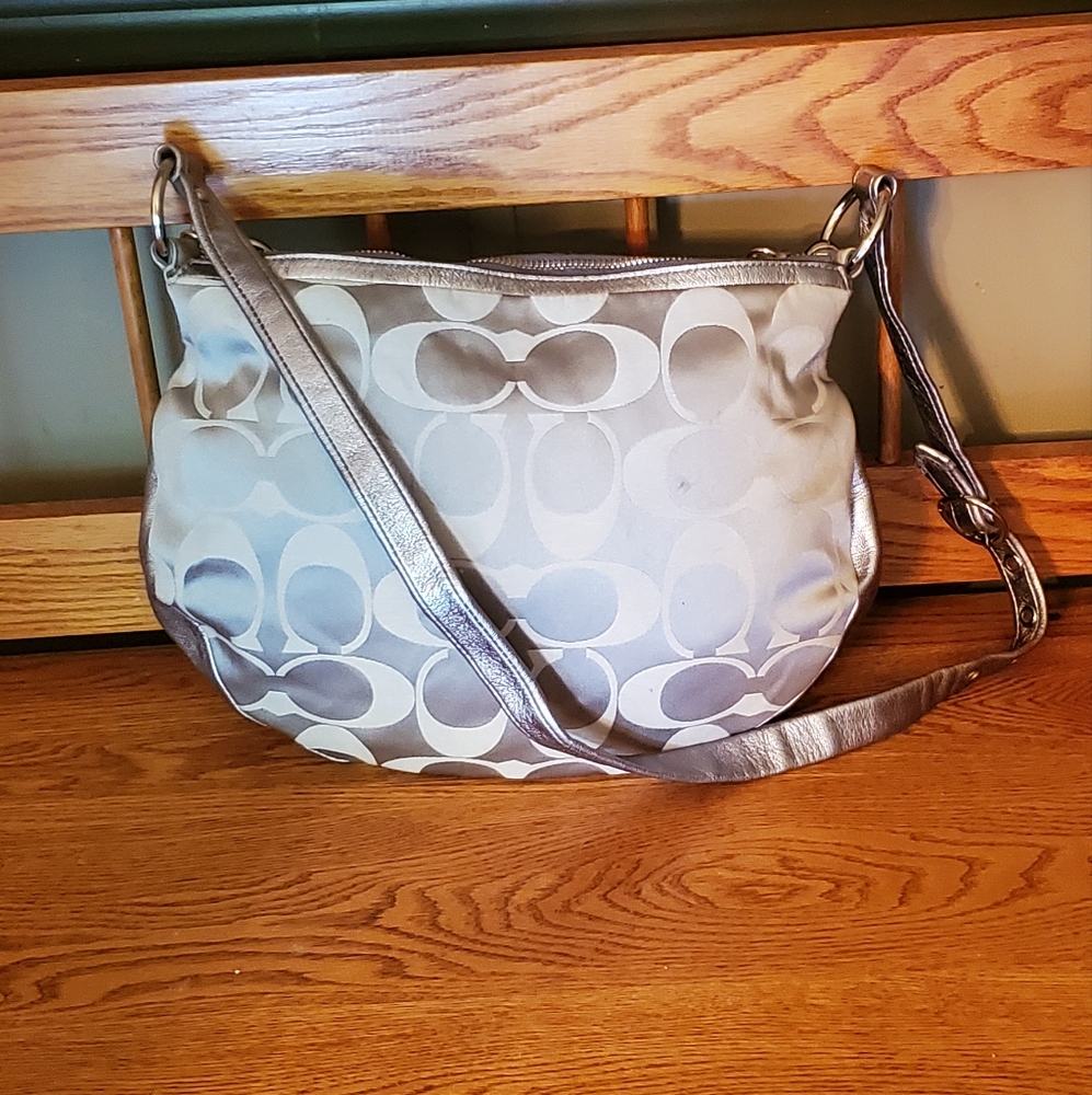 Coach Beige Signature & Silver Fabric & Leather Hobo Bag